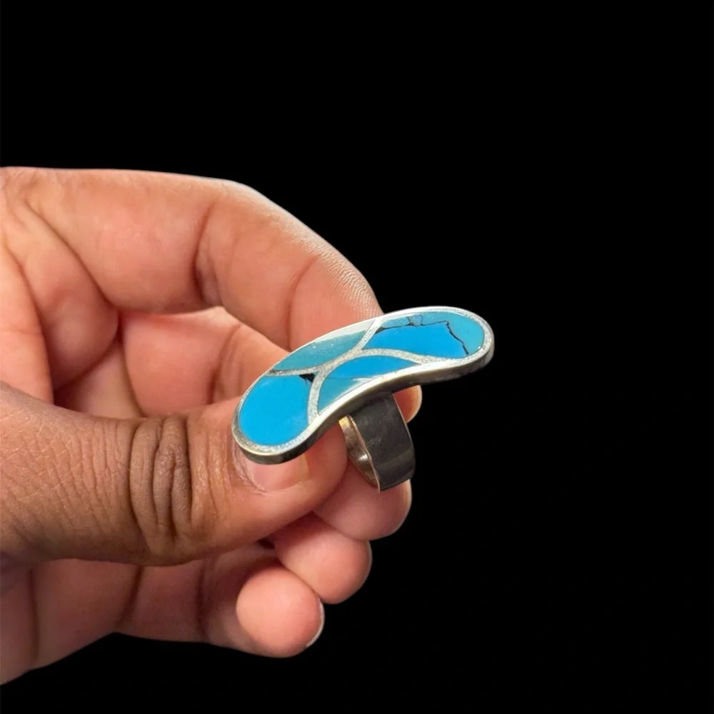 Statement Turquoise Inlay Ring – Size 7, Sterling Silver, 12g
